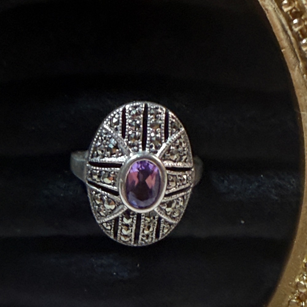 Amethyst Ring Sterling Silver Marcasite Womens 5.75 Art Deco‎ Vintage